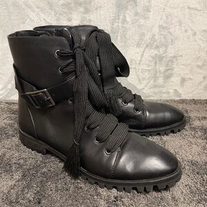 Splendid Celine Black Leather Combat Buckle Boots, Size 9 Like New!